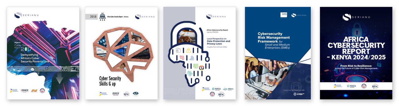 Covers of five published editions of the Africa Cybersecurity Report, from Nigeria 2017 to Kenya 2024/2025.
